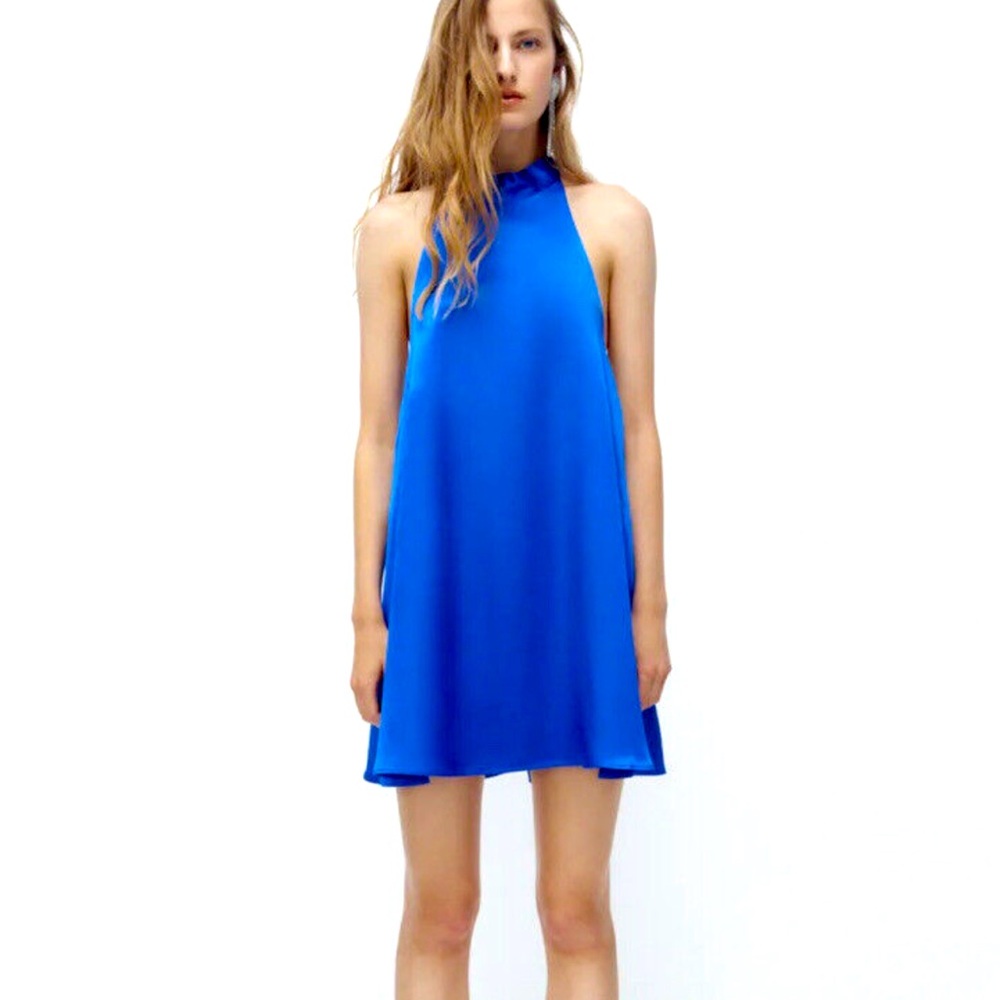 ZARA High Neck Open Back Satin Mini Halter Dress